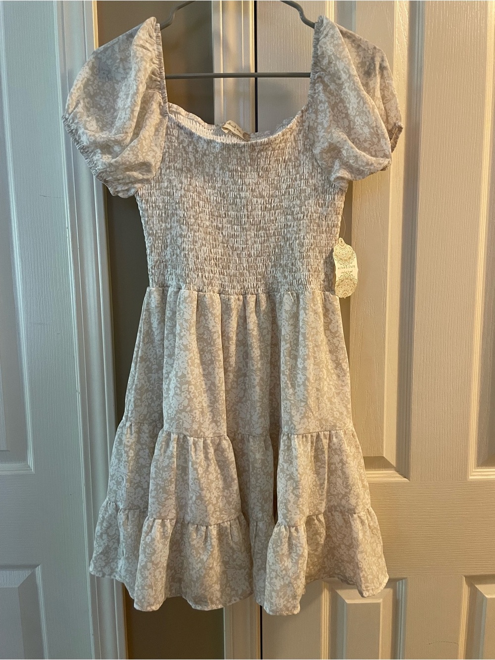 Altar'd State Cream Floral Smocked Puff Sleeve Tiered Dress
